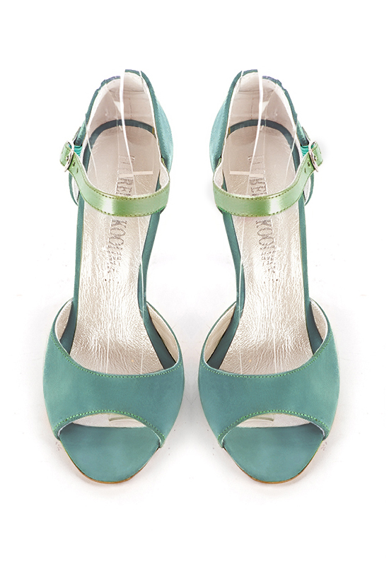 Mint green women's closed back sandals, with an instep strap. Round toe. High spool heels. Top view - Florence KOOIJMAN